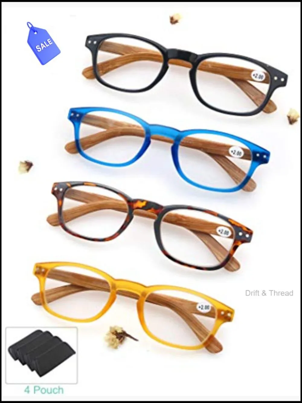 4 Pack Reading Glasses 1.5 Fashion Wood-Look Spring Hinges Stylish Readers
